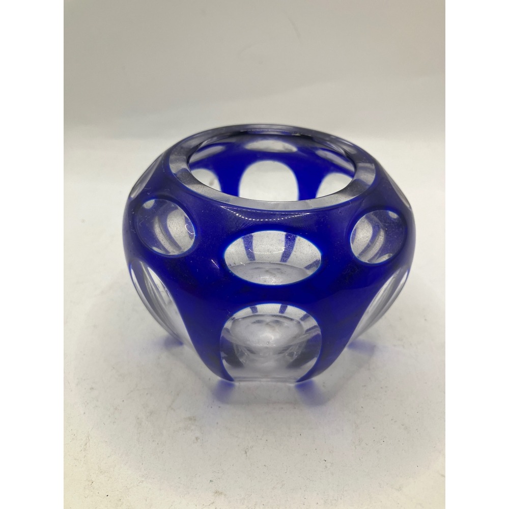 Cobalt Blue Glass Vase Bowl Round Geometric Modernist Decor‎ Centerpiece